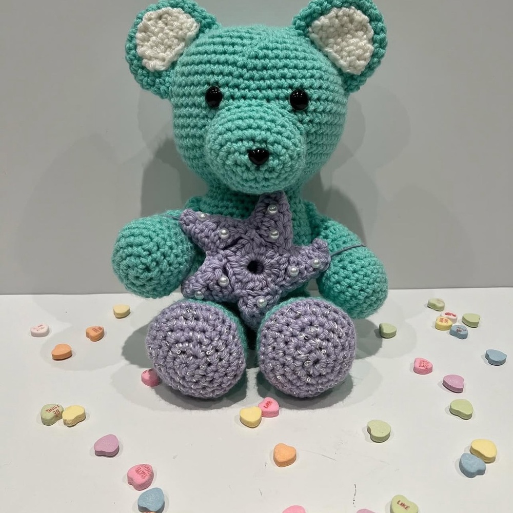 Crochet Teddy Bear with Star - Mint Green and Lavender